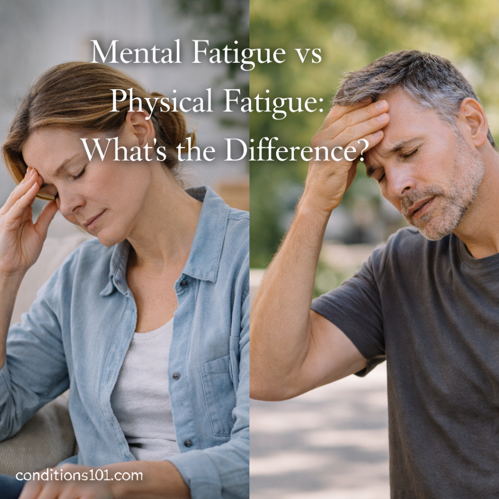 Split image showing an adult woman appearing mentally fatigued indoors and an adult man appearing physically tired outdoors, representing a comparison between mental and physical fatigue.