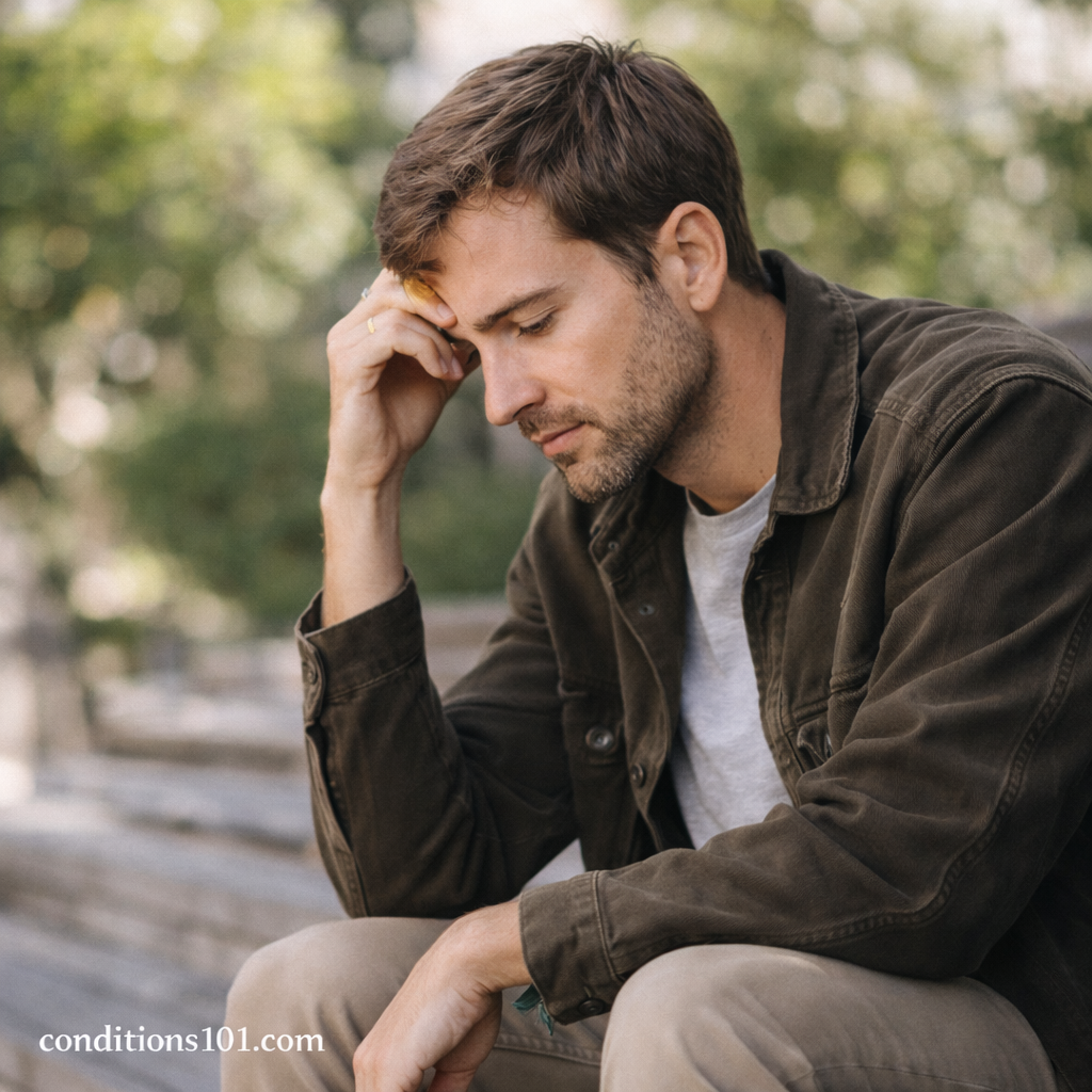 Adult man sitting outdoors during a quiet moment of reflection, representing everyday mental health resilience.