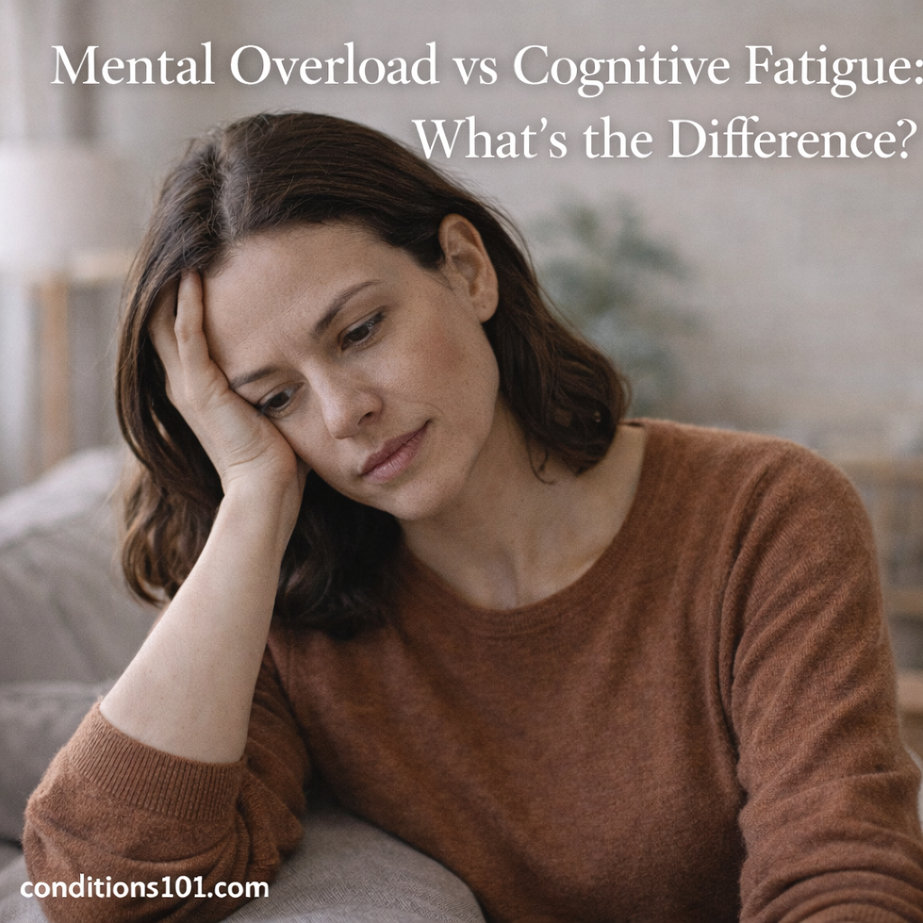 Thoughtful adult woman sitting on a couch in a calm home setting, representing mental overload and cognitive fatigue in everyday life.