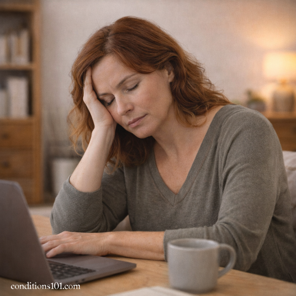 An adult woman sitting at a home office desk with her head resting on her hand, appearing mentally tired while working in a calm, everyday setting.