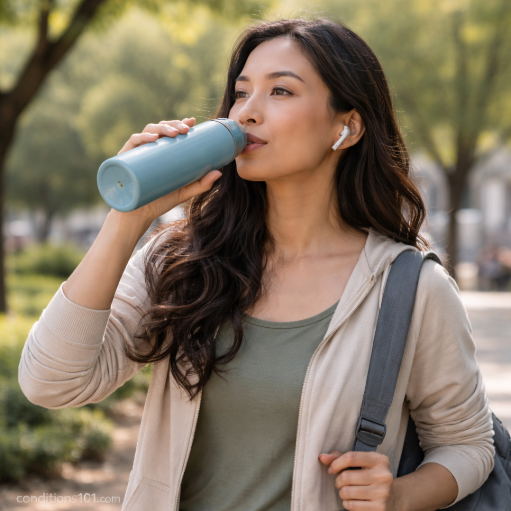 Adult woman pausing outdoors while drinking water, appearing focused and energized, representing metabolic efficiency in everyday life.