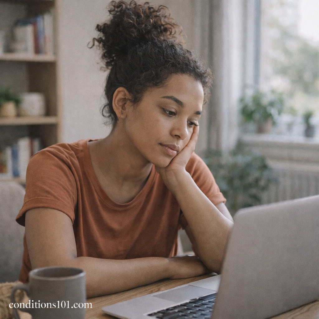 Adult woman sitting at a desk with a thoughtful expression in a calm home workspace, representing everyday factors related to metabolic health.
