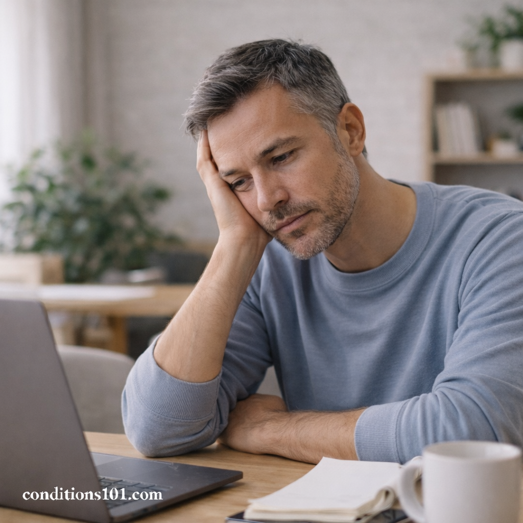 A middle-aged man sitting at a desk with a laptop, appearing thoughtfully focused during a quiet moment at home.