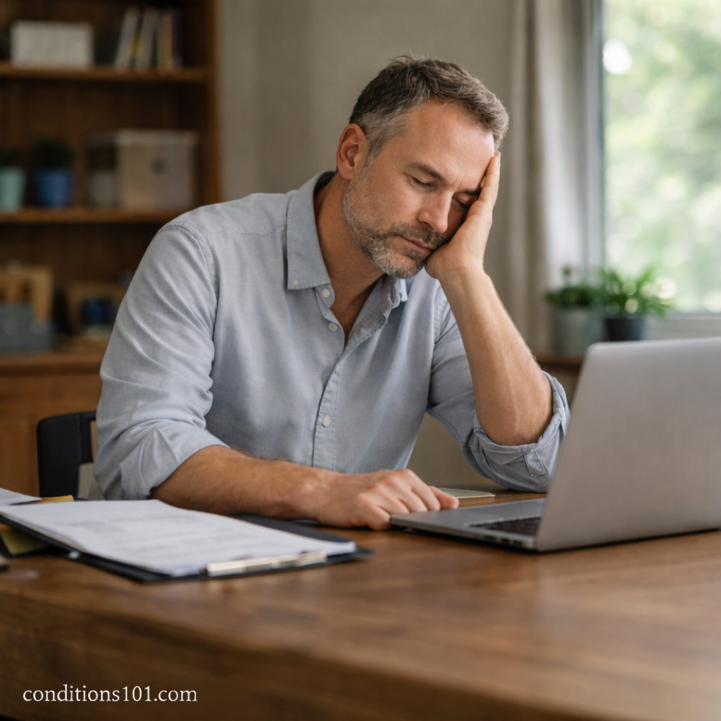 An adult man resting his head on his hand while working at a desk in a home office, representing an everyday lifestyle moment related to metabolic health.