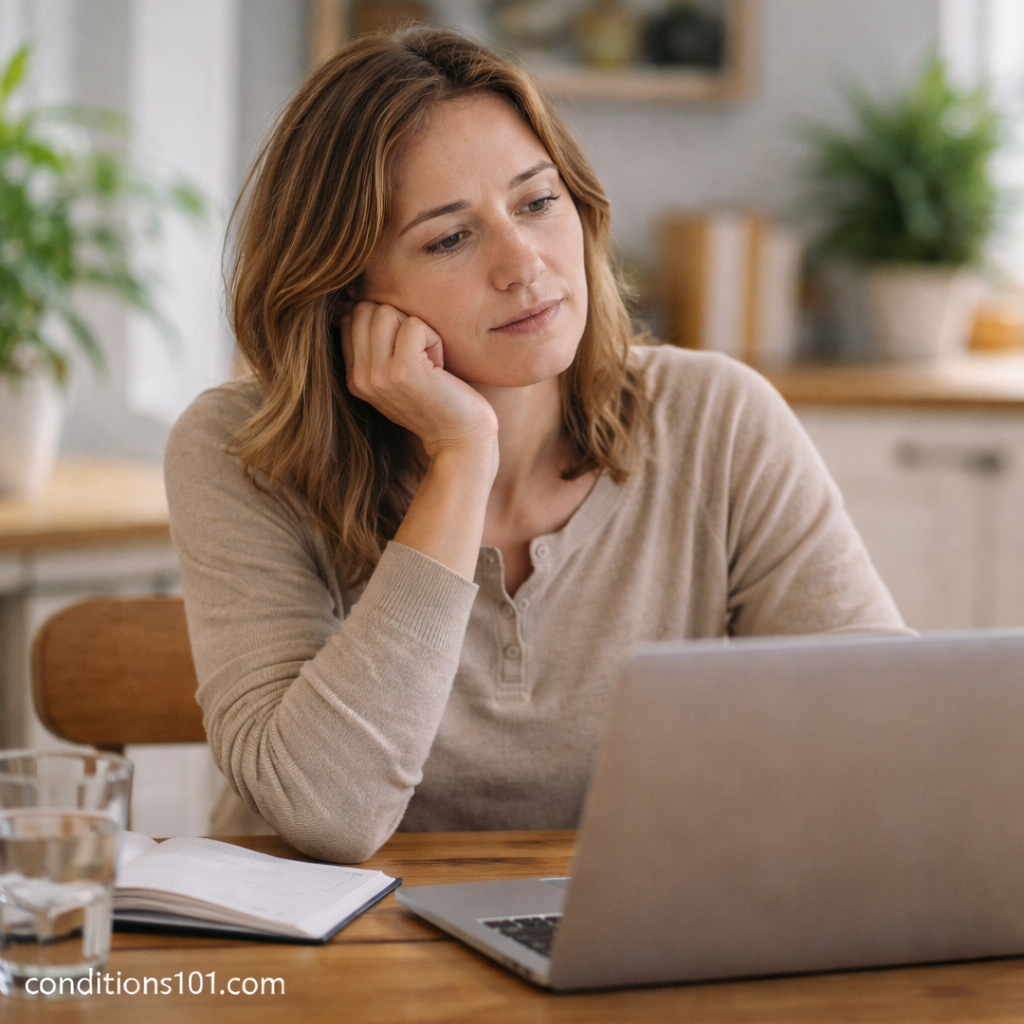 Adult woman working on a laptop in a calm home setting, representing general metabolic health awareness and daily energy use.