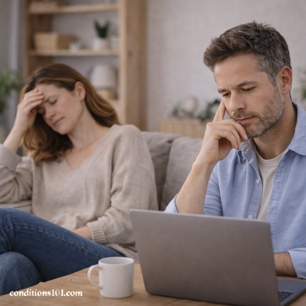 Adult person sitting quietly in an everyday setting with a focused, reflective expression, representing the daily impact of migraine versus headache.