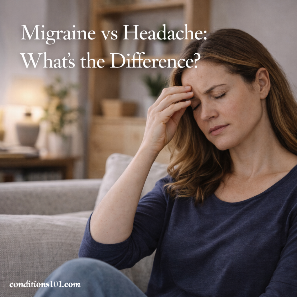 Adult woman sitting on a couch with eyes closed and hand on her temple in a calm living room setting, representing migraine versus headache comparison.