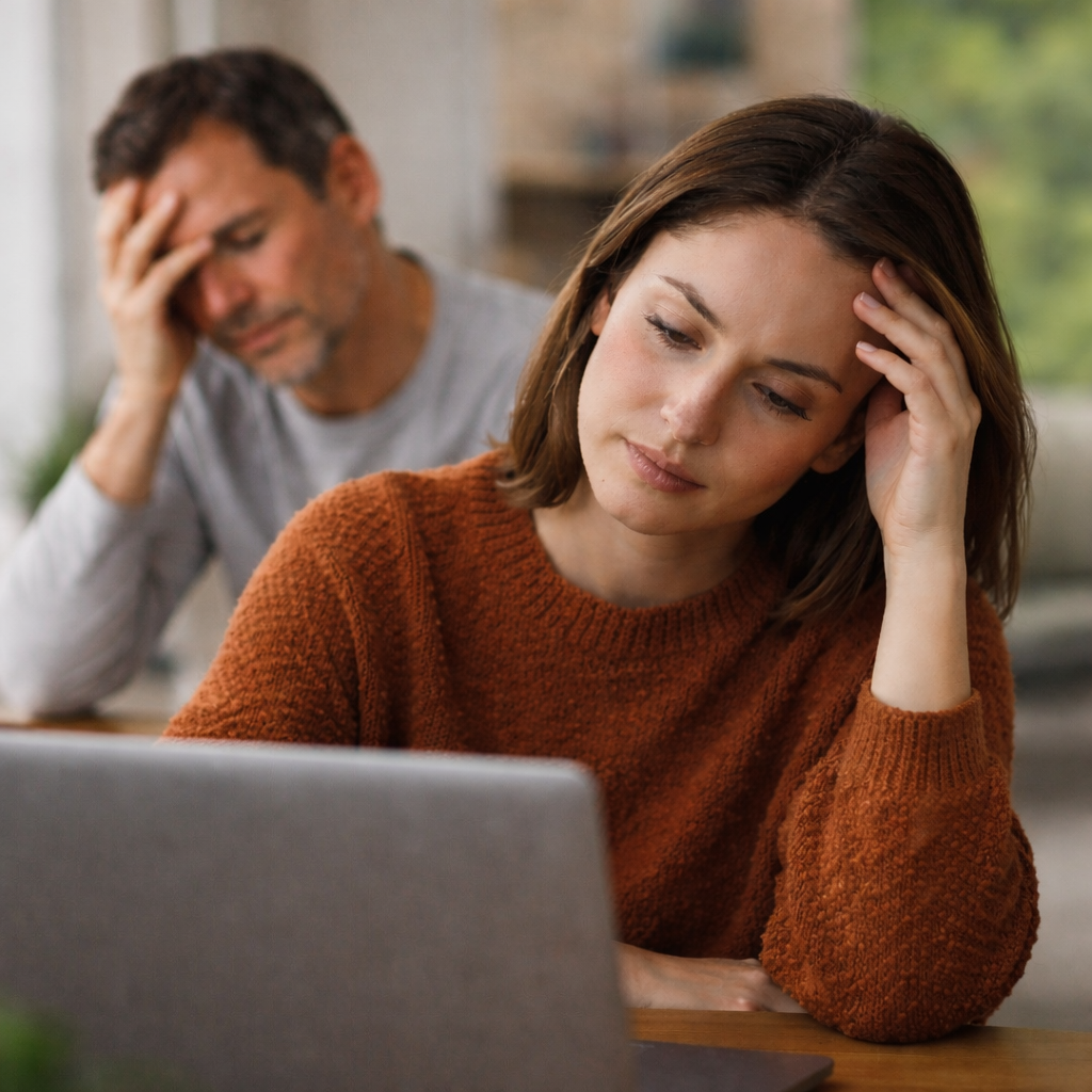 Two adults in an everyday home setting showing quiet focus and mild fatigue, representing how migraines can affect daily life.