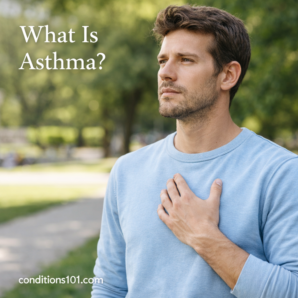 Adult man standing outdoors in a calm park setting with a thoughtful expression for an educational article explaining what asthma is.