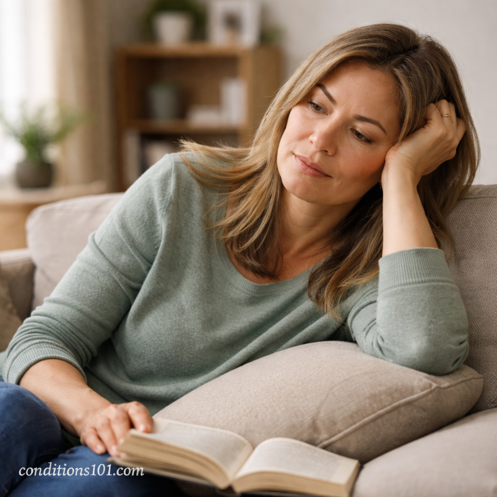 Adult woman resting on a couch while reading, showing quiet reflection and emotional focus in a calm home environment.