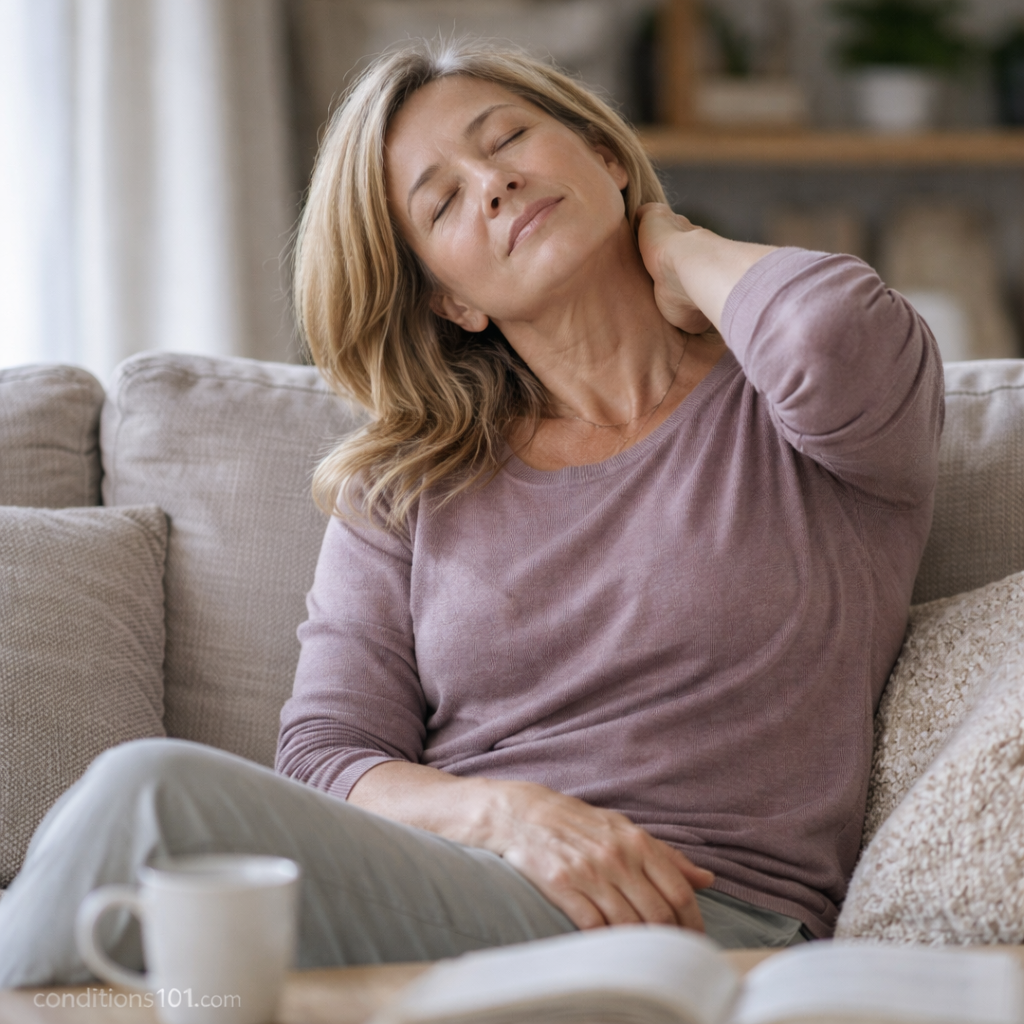 Adult woman sitting on a couch gently stretching her neck in a calm morning home setting, representing morning stiffness.