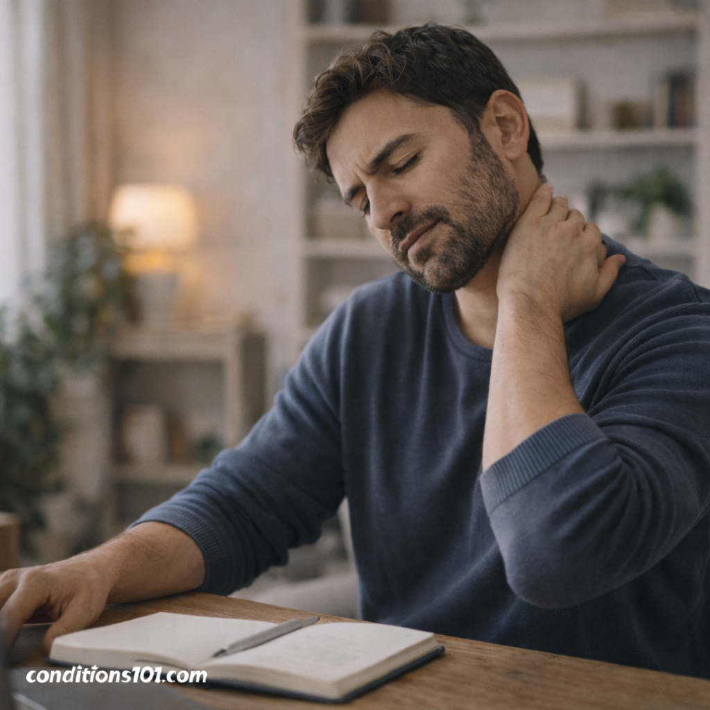 Adult man sitting at a home office desk gently massaging his neck, representing everyday muscle pain during routine activities.