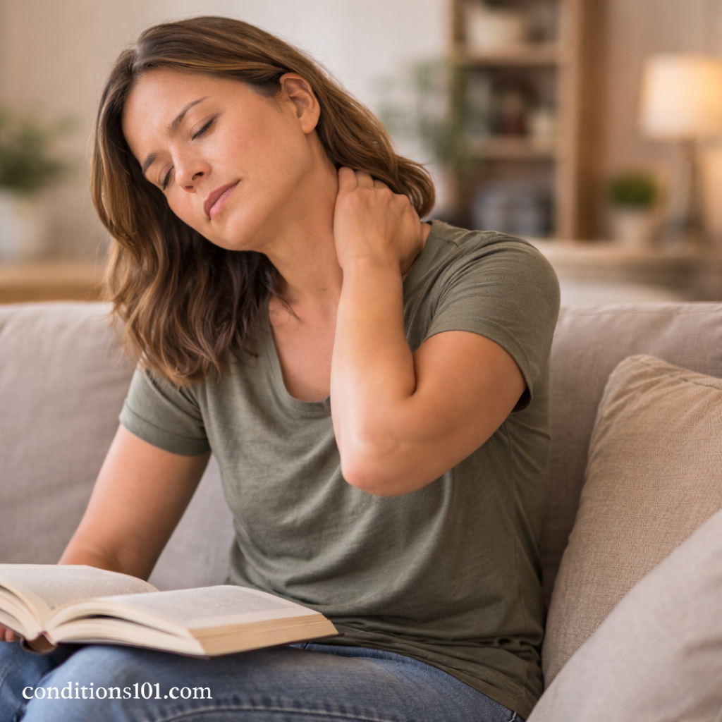 Adult woman sitting on a couch in a calm home setting, gently massaging her shoulder during an everyday moment.