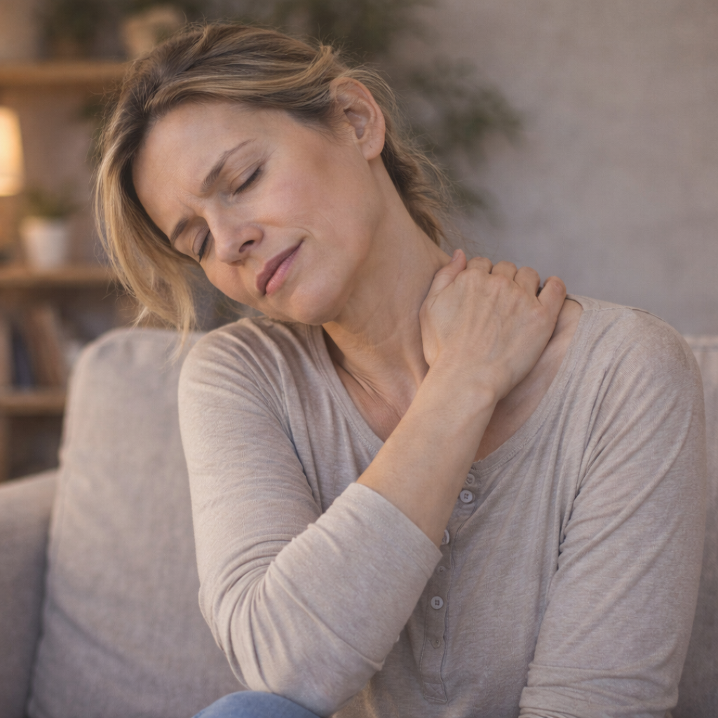 Adult woman sitting on a couch, gently stretching her neck and holding her shoulder in a calm home setting, representing muscle stiffness.