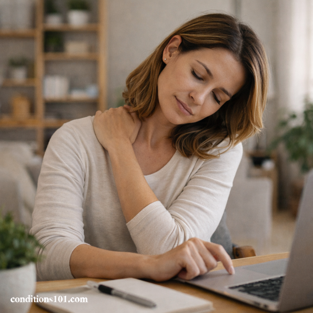 Adult woman sitting at a home office desk, gently touching her shoulder in a calm everyday setting for an educational article about muscle tightness.