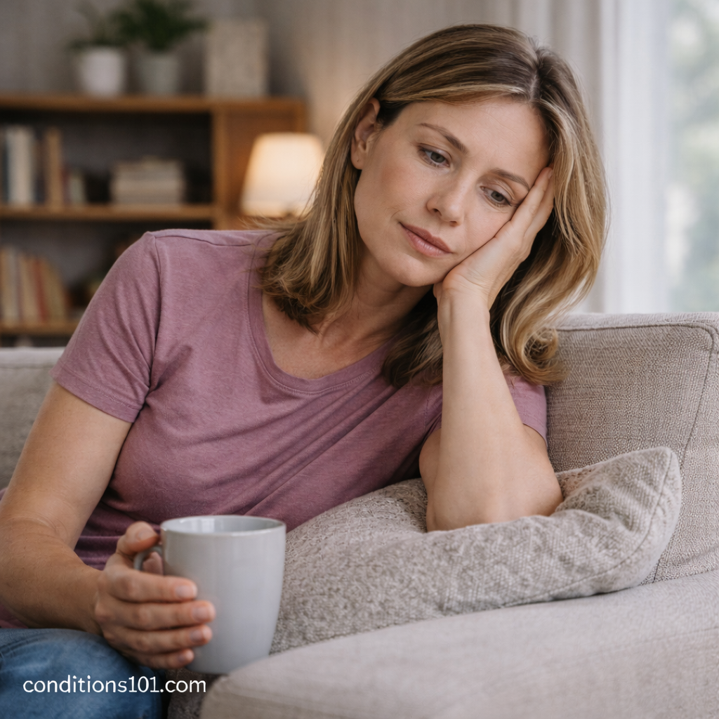 Adult woman resting on a couch in a calm home setting, appearing mildly tired and reflective, representing everyday experiences related to muscle weakness.