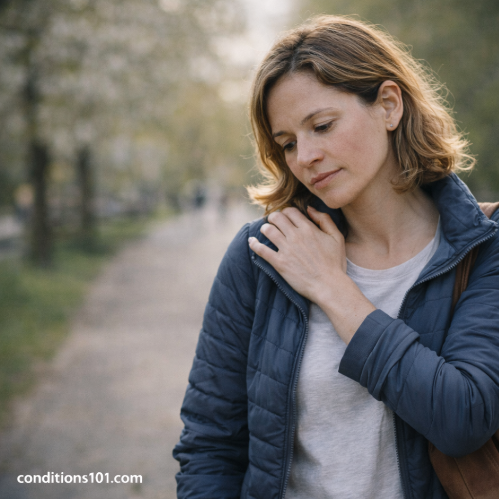 Adult person walking outdoors in a calm public space, representing everyday experiences related to musculoskeletal discomfort.