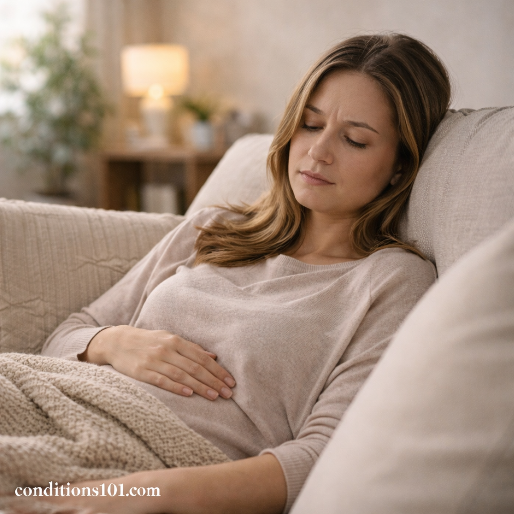 Adult woman resting on a couch with a calm expression in a home setting, representing everyday experiences related to nausea in an educational context.