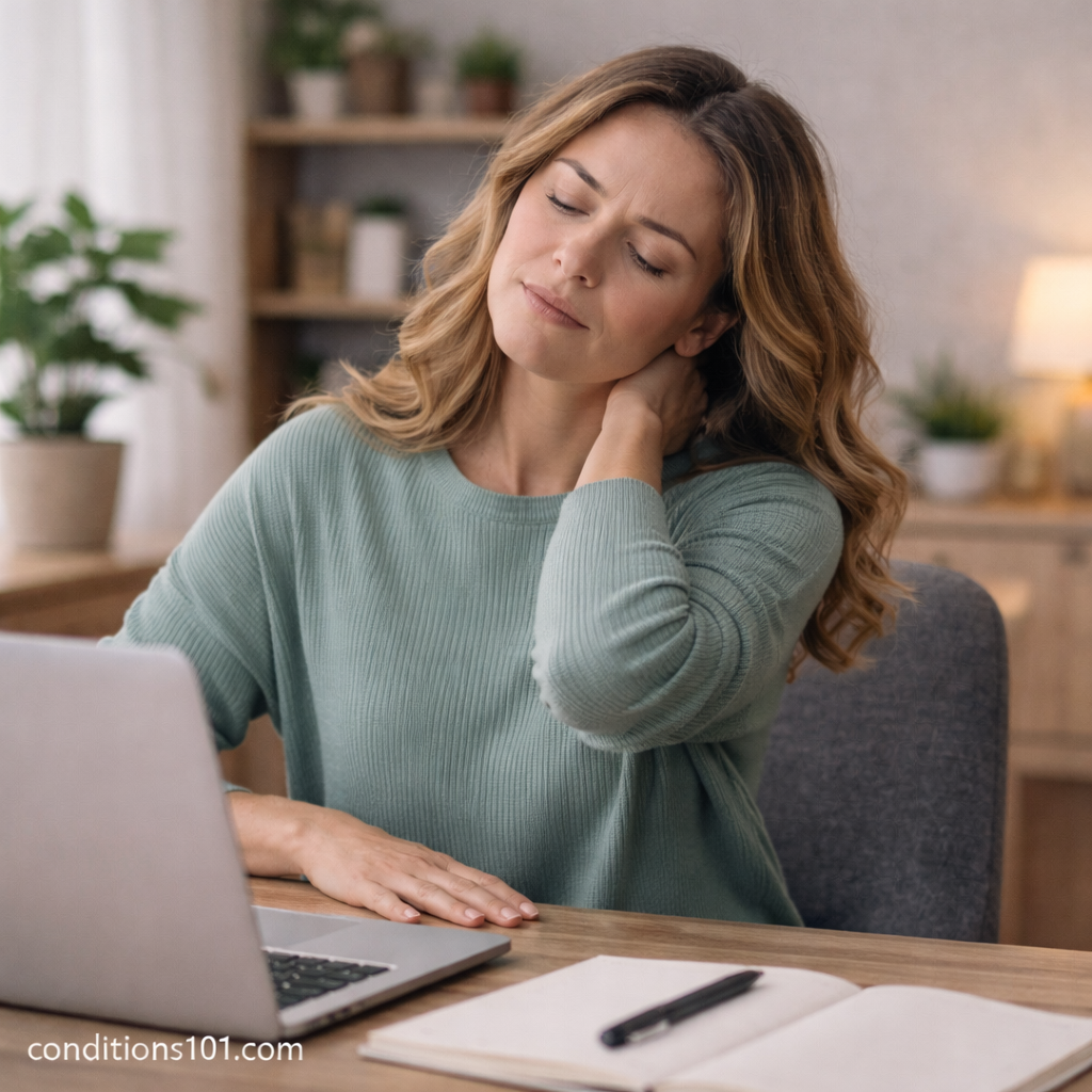 Adult woman sitting at a home office desk gently touching her neck, representing everyday neck discomfort in a non-clinical setting.
