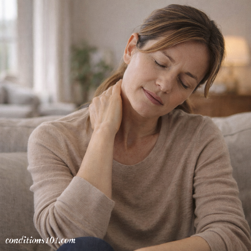 An adult woman sitting on a couch gently touching her neck during a quiet, reflective everyday moment.