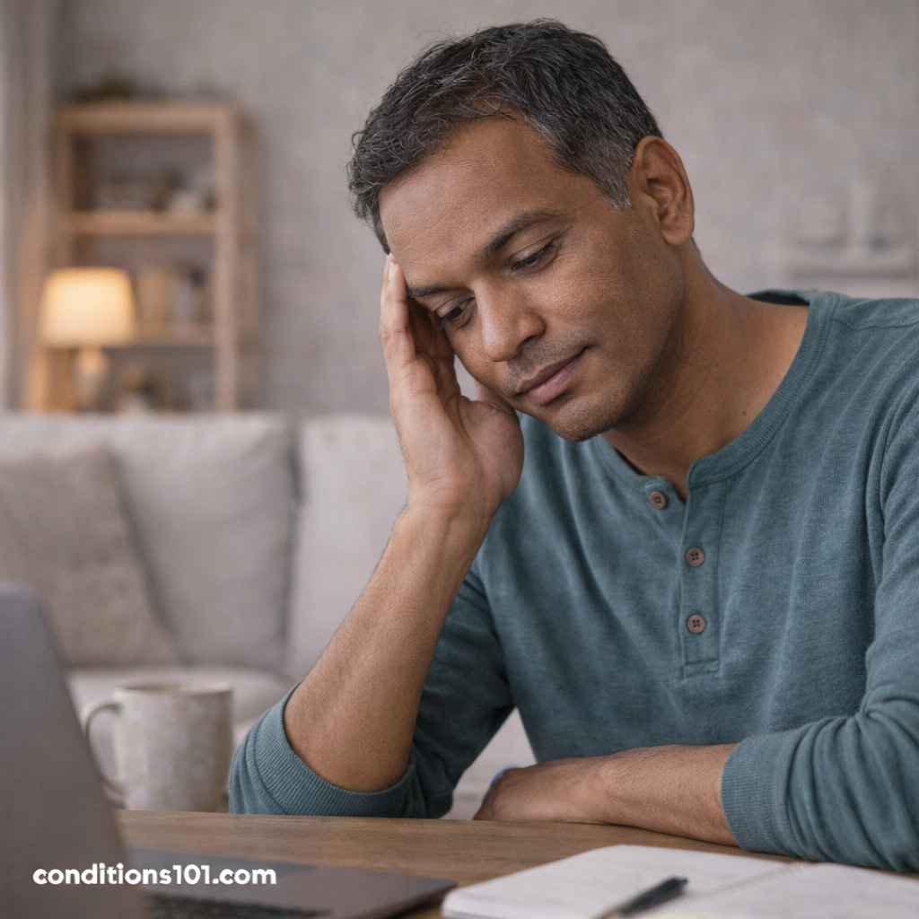 Man sitting at a desk in a calm home office with a thoughtful expression, representing everyday experiences of nerve pain sensations.