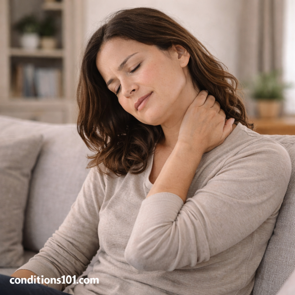 Adult woman in a calm everyday setting touching her neck, representing an educational overview of nerve pain in daily life.