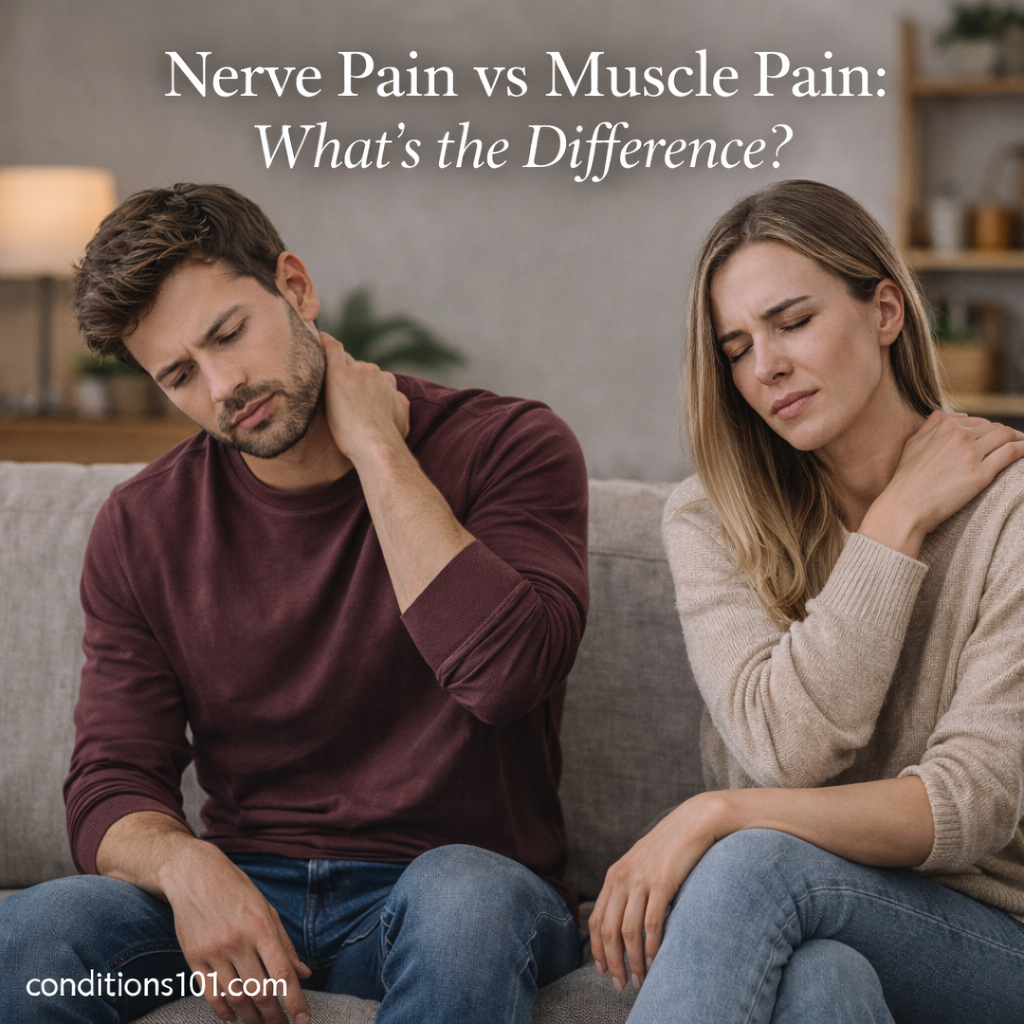 Man and woman sitting on a couch in a calm home setting, each holding areas of discomfort, illustrating differences between nerve pain and muscle pain.