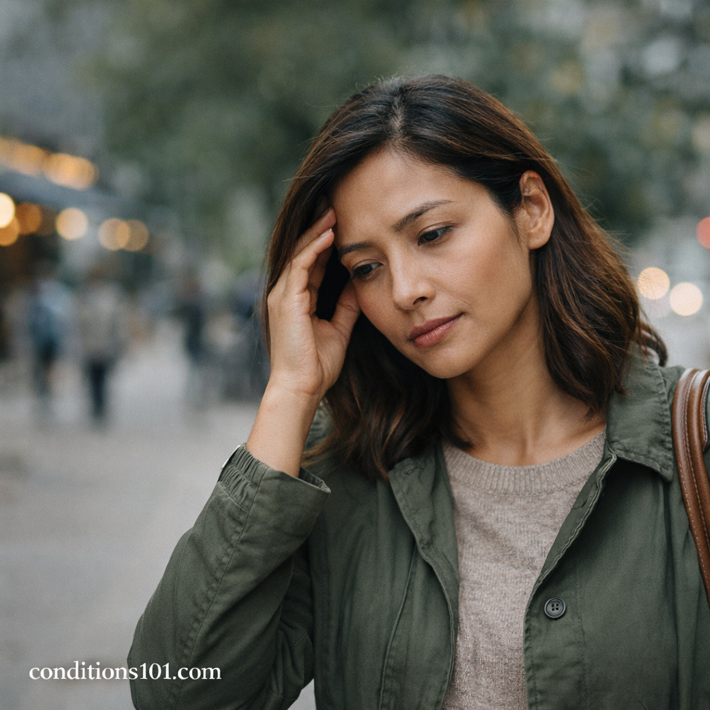 Adult woman pausing outdoors with a thoughtful expression, representing everyday neural overstimulation and mental processing load.