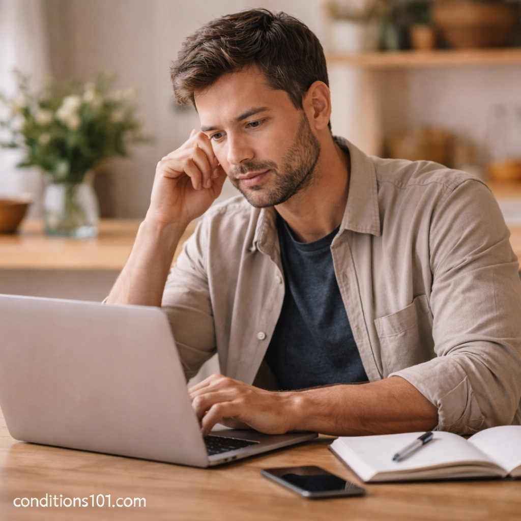 Man working at a laptop with a focused expression, illustrating how neural processing speed affects attention and information handling during everyday tasks.