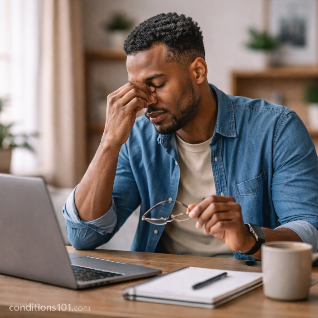 Adult man pausing at a desk with a tired, focused expression while working on a laptop, representing neurological fatigue in daily life.