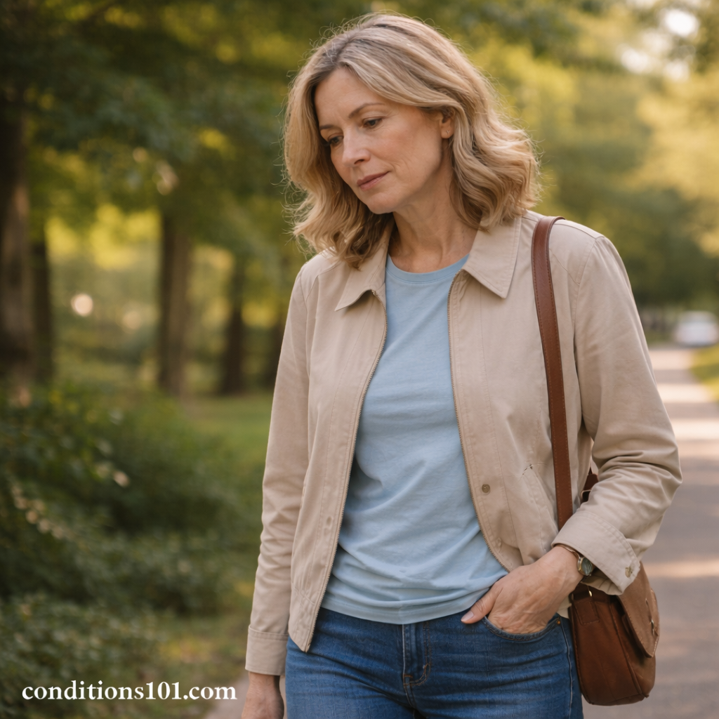 Middle-aged woman walking slowly through a park with a thoughtful expression, representing everyday experiences related to neuropathy.