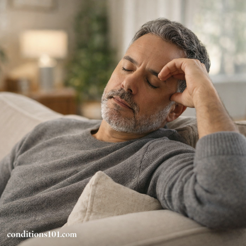 Adult man resting on a couch during a quiet moment, representing everyday life with non-communicable diseases in an educational context.