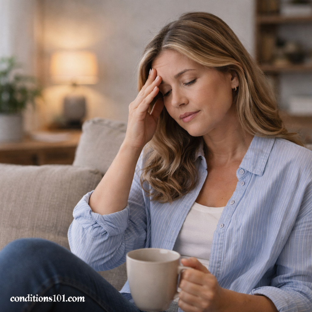 Adult woman sitting on a couch holding a mug and rubbing her forehead, showing mild daytime fatigue in an everyday setting.