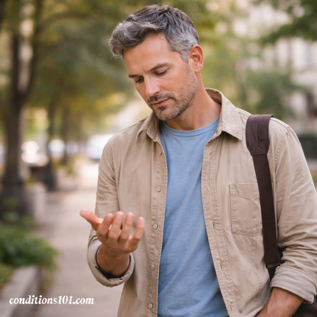Adult man walking outdoors while thoughtfully looking at his hand, representing an educational overview of numbness and altered sensation.