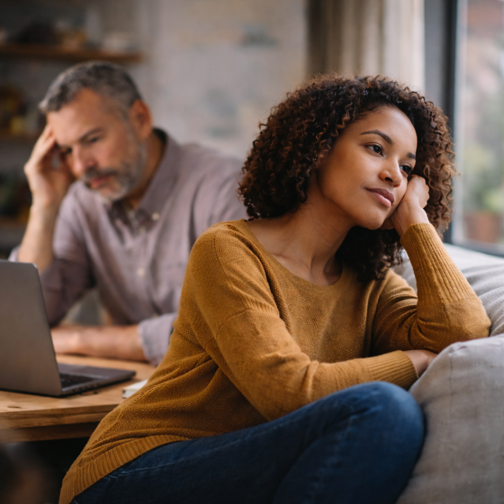 Adults in a calm home environment showing quiet reflection and focus during everyday activities related to OCD awareness.