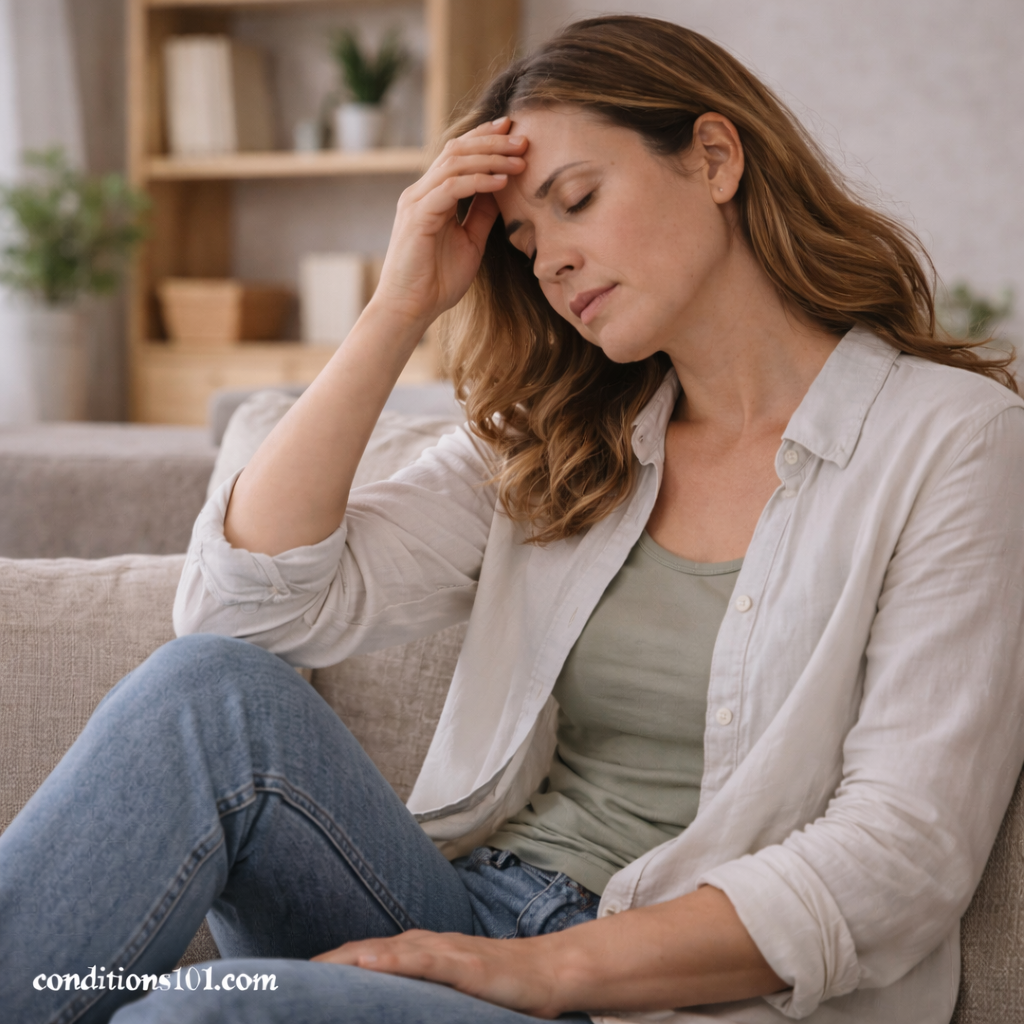 Adult woman resting on a couch with a tired expression in a calm living room setting, representing orthostatic intolerance in daily life.