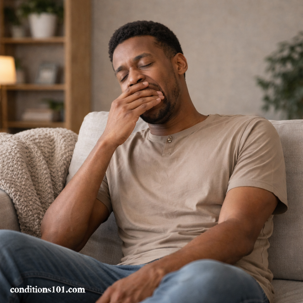 Adult man resting on a couch and yawning in a calm living room setting for an educational article about oversleeping.