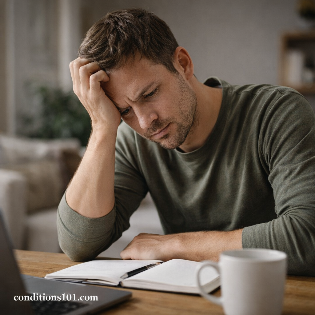 A man sitting at a table with a notebook, appearing thoughtfully focused during a quiet moment at home.