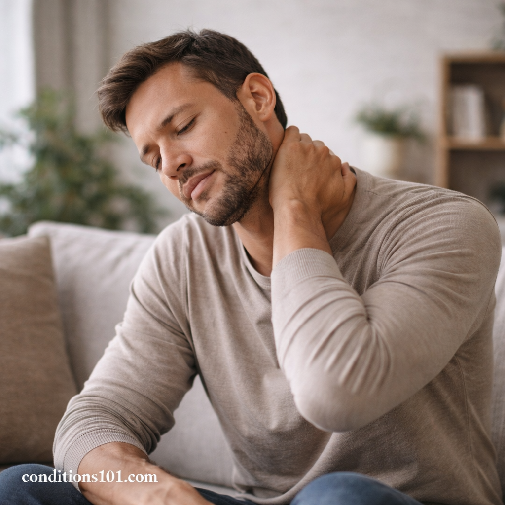 A man sitting on a couch gently holding his neck while appearing thoughtfully focused in a calm living room.