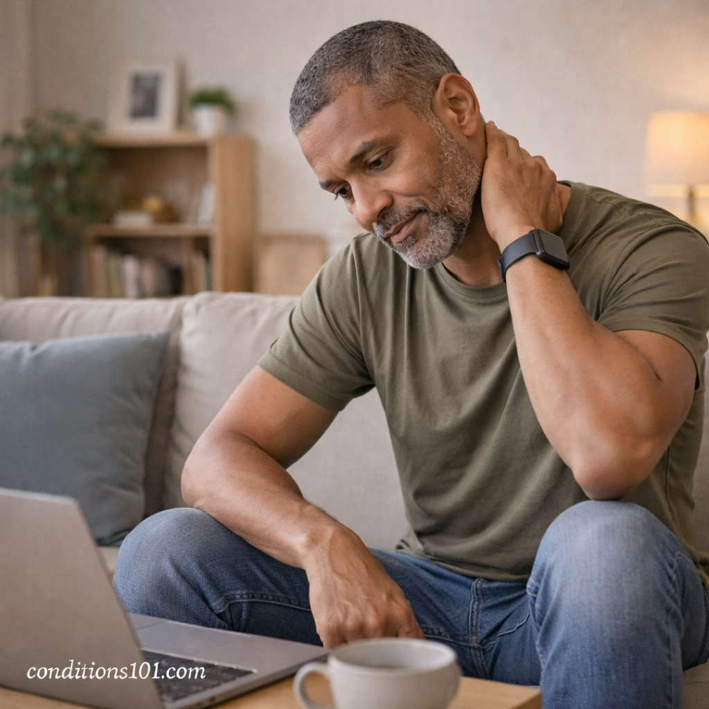 Adult man sitting on a couch, gently touching his neck in a calm home setting while reflecting on physical sensation.