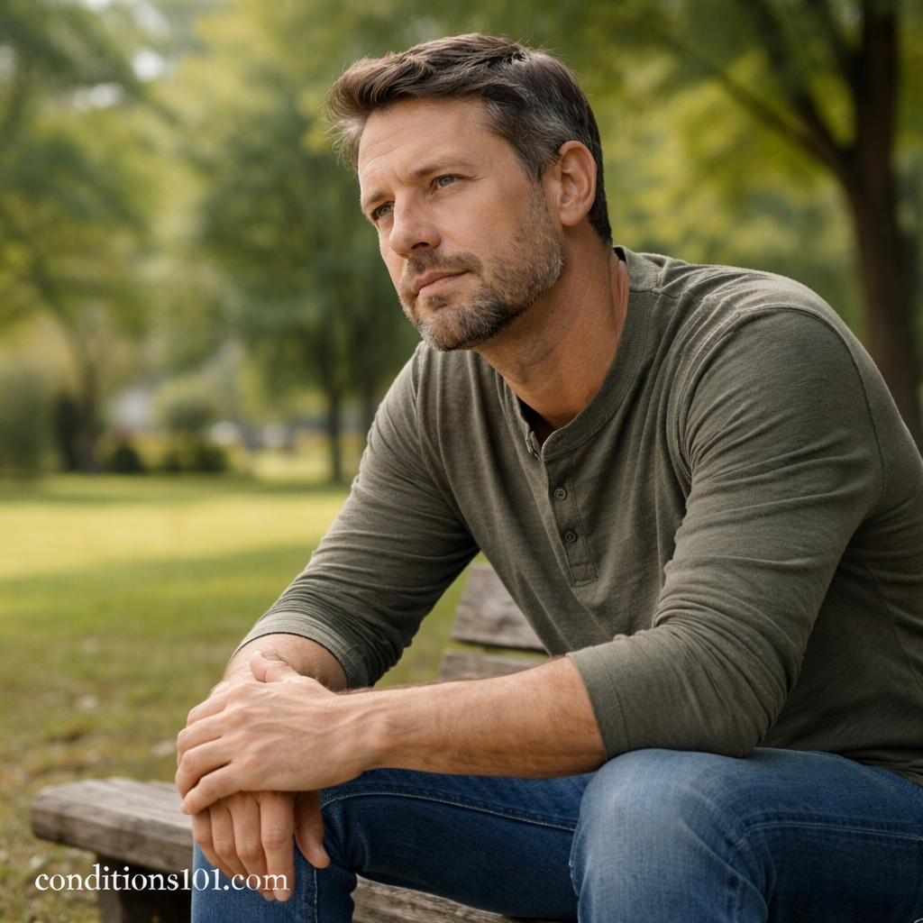 Adult man sitting on a park bench in a calm outdoor setting, appearing thoughtful, representing everyday experiences related to pain tolerance.