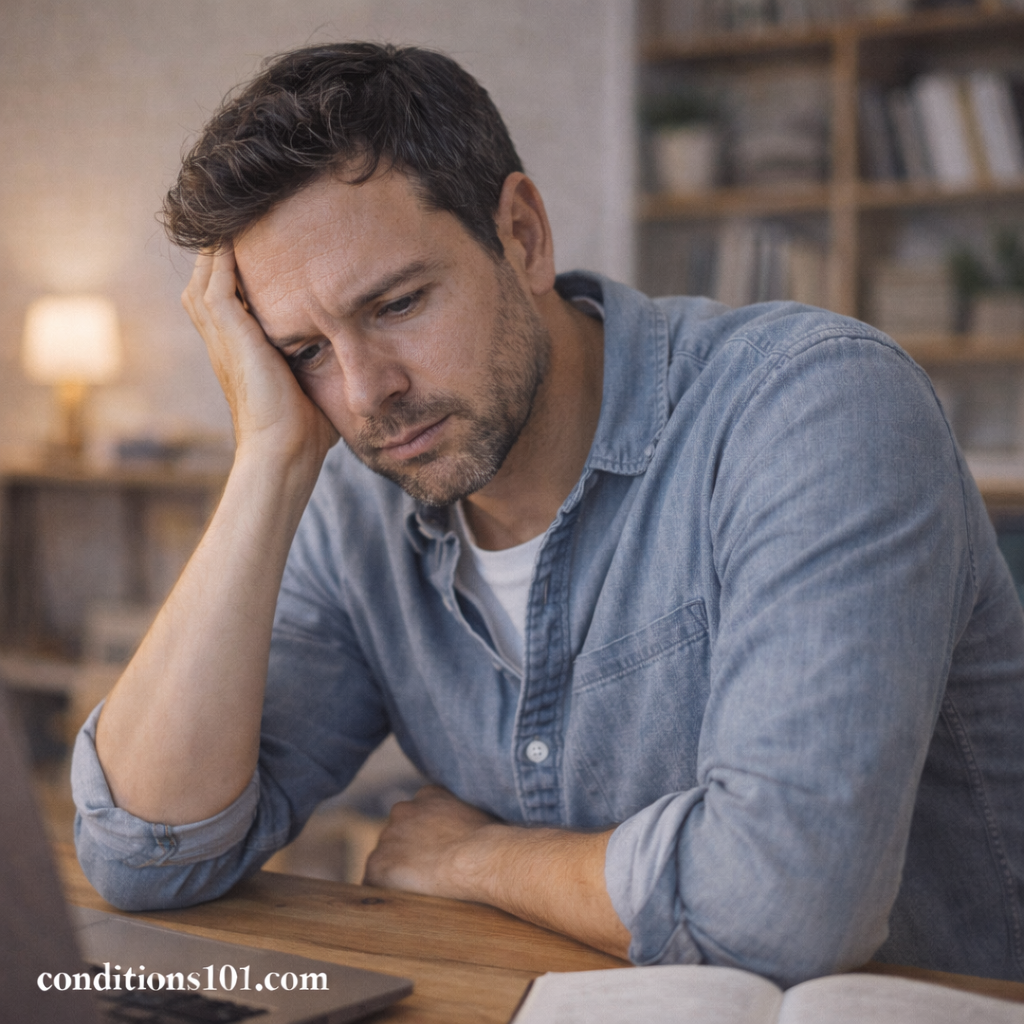 Adult man sitting at a desk in a calm home office, resting his head on his hand with a focused, reflective expression.