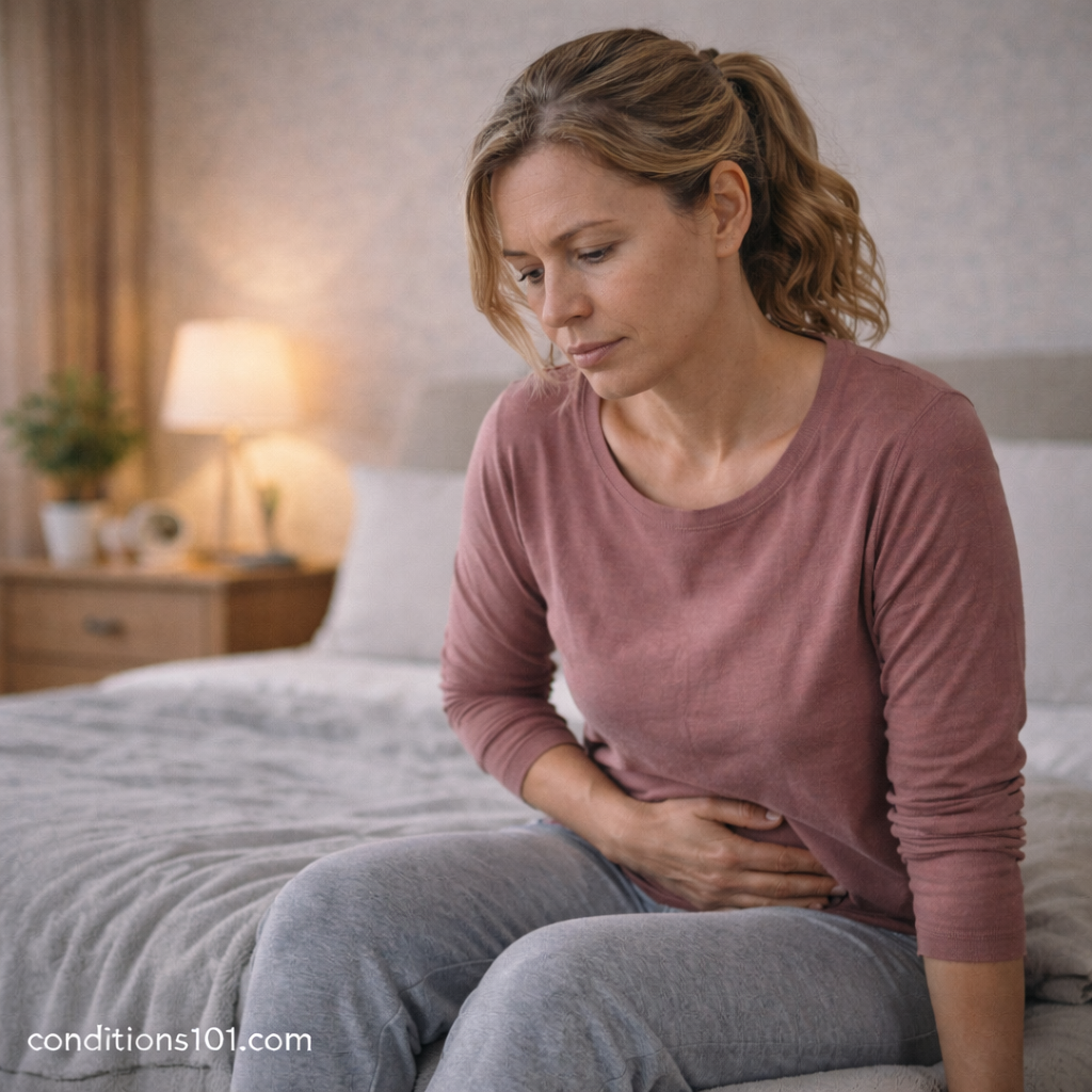 Adult woman sitting quietly on a bed in a calm home setting, representing everyday experiences related to pelvic floor dysfunction.