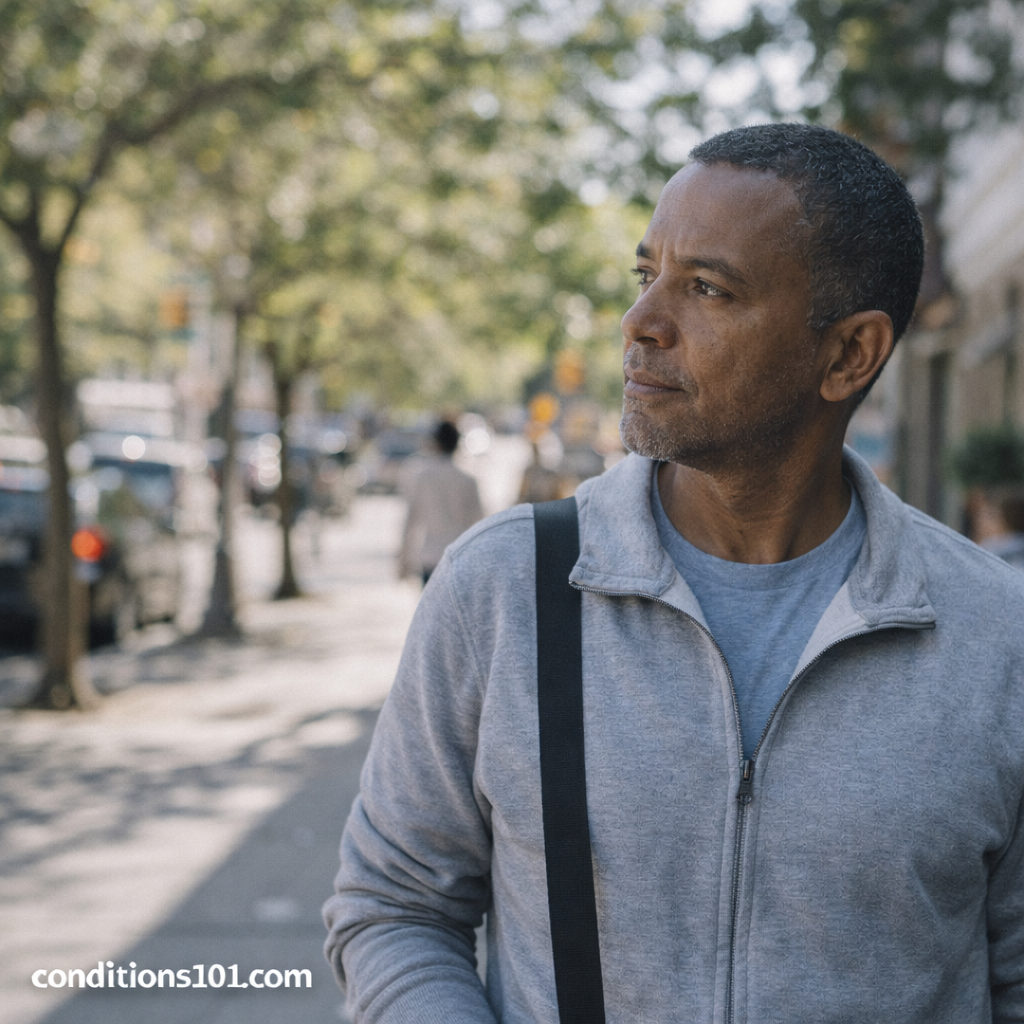 Middle-aged man walking outdoors on a city sidewalk and looking to the side, representing everyday awareness related to peripheral vision change.
