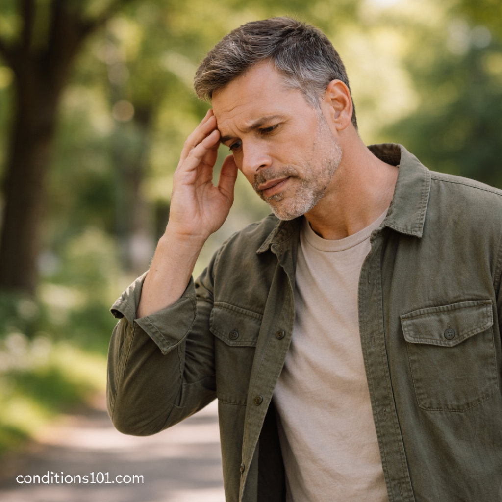 Middle-aged man standing in a park with a hand resting near his temple, appearing mildly unsteady in an everyday outdoor setting for an educational article about persistent postural dizziness.