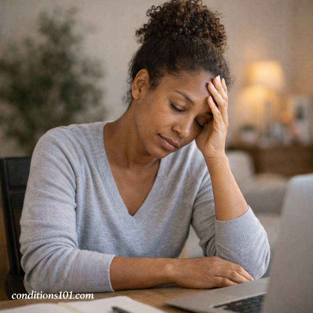 Adult woman seated at a desk in a home office, showing quiet focus and mild tiredness in an everyday setting related to physical fatigue.