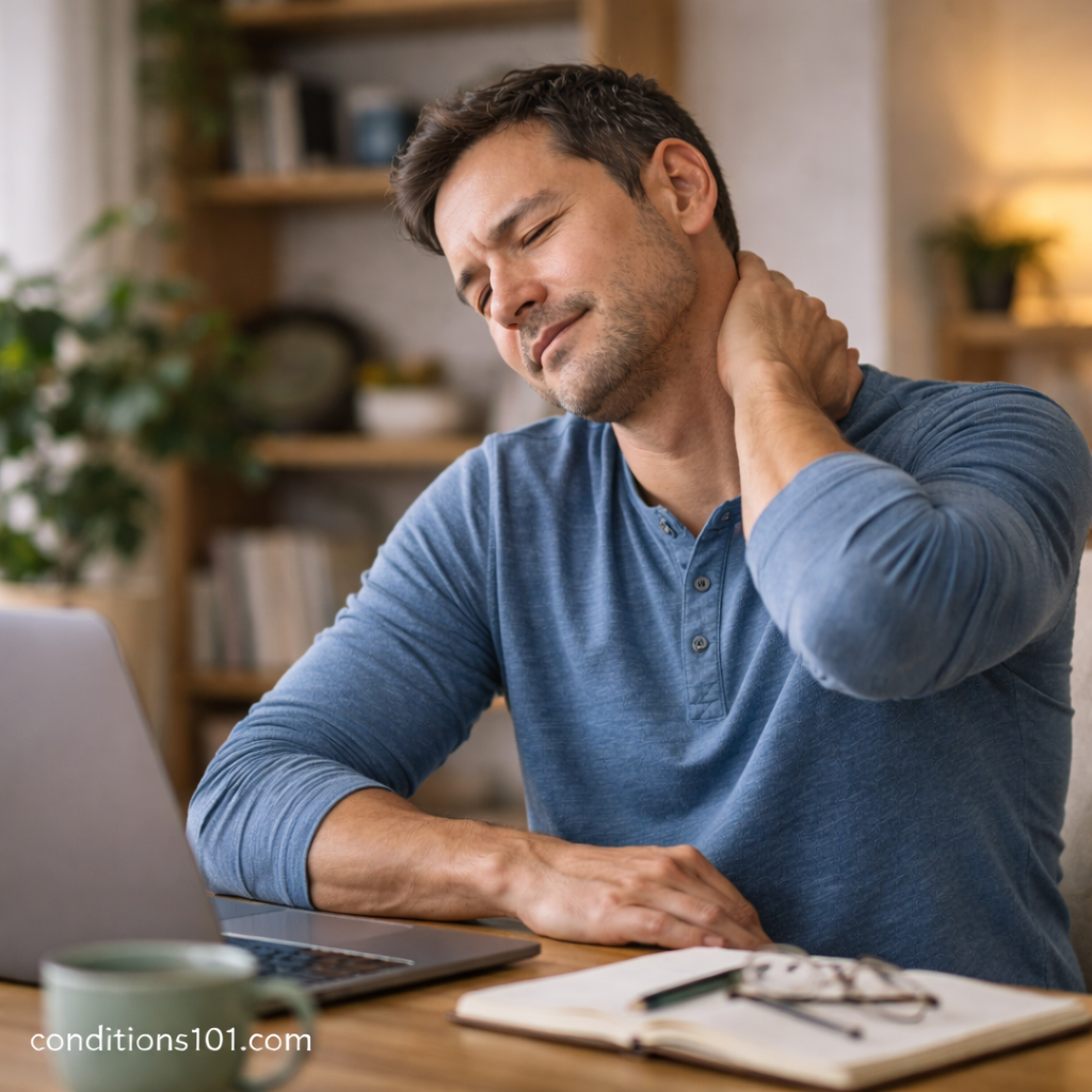 Adult man sitting at a desk gently holding his neck in a home office, representing everyday physical strain from prolonged posture or activity.