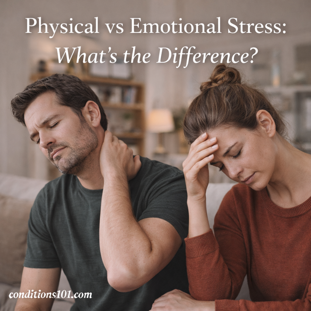 Adult man rubbing his neck and adult woman holding her forehead while sitting in a calm living room, representing physical and emotional stress in an educational context.