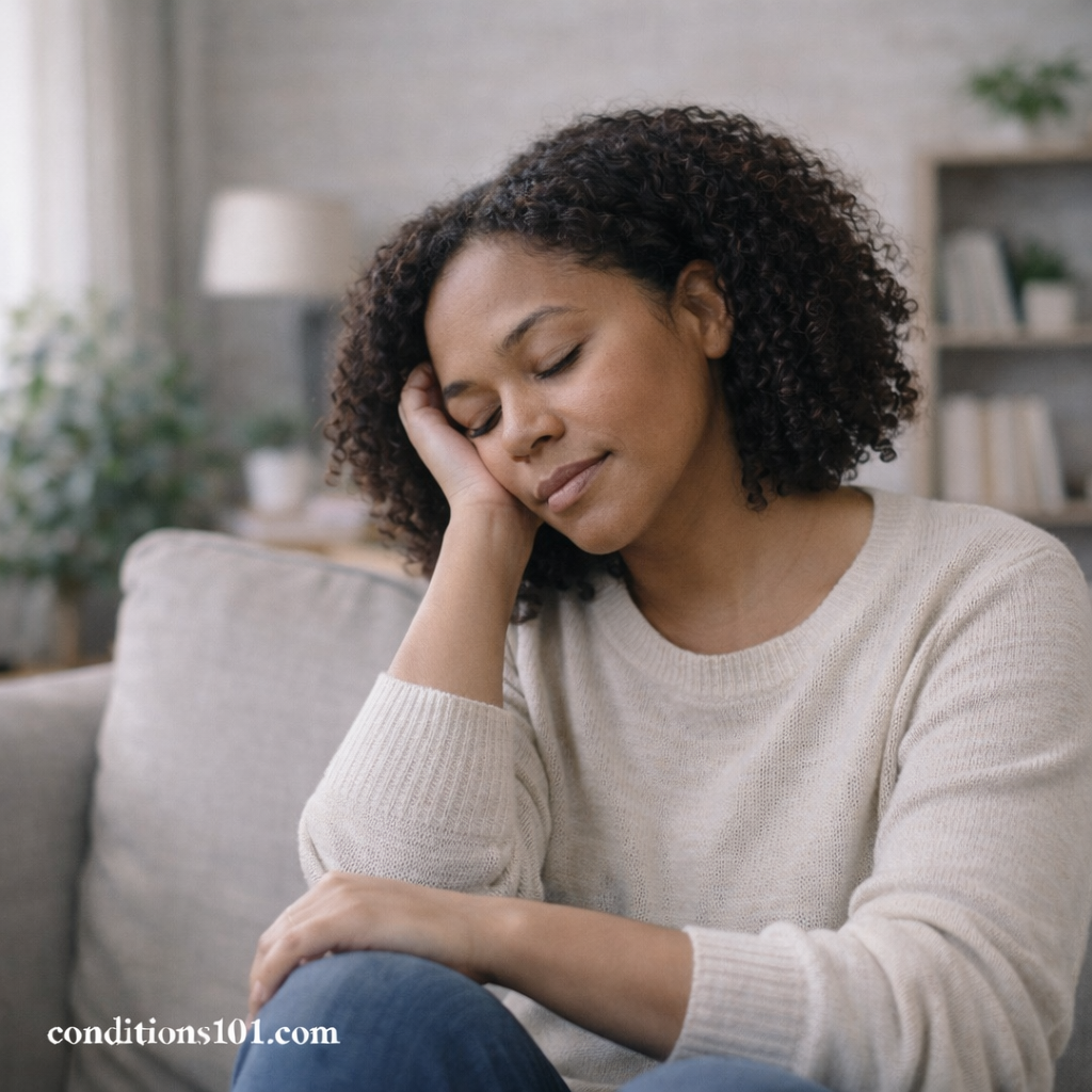 A woman resting on a couch with a relaxed expression, representing a common pins and needles sensation during everyday rest.