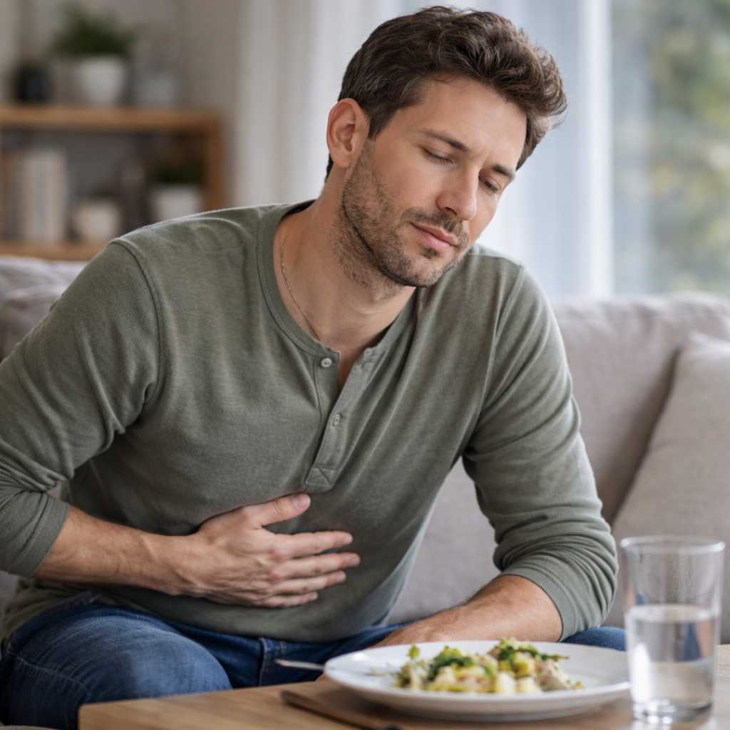 Adult man sitting on a couch after a meal with a calm, reflective expression, representing post-meal discomfort in everyday life.